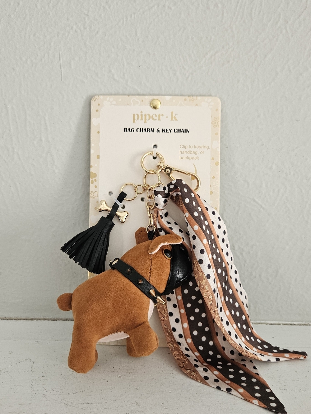 NWT Piper K Bag Charm/Keychain With Plush Bulldog And Polka Dot Scarf